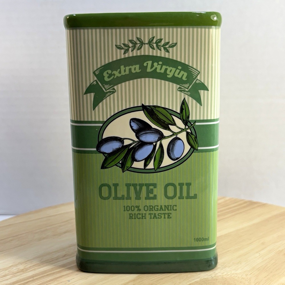 Ceramic Olive Oil Tin Style Striped Rectangular Vase 7in Glossy Green White
